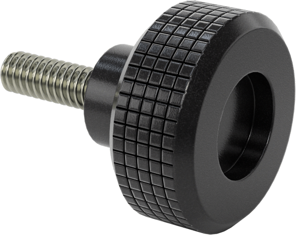 Siyah Polipropilen Tırtıllı Topuz, 1/4"-20 Dişli, 3/4" Uzunlukta Saplama, 1-1/4" Baş Çapı
