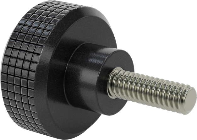 Siyah Polipropilen Tırtıllı Topuz, 1/4"-20 Dişli, 3/4" Uzunlukta Saplama, 1-1/4" Baş Çapı