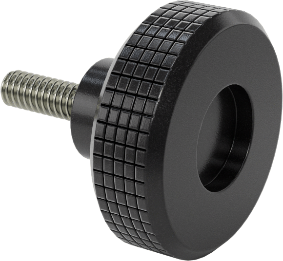 Siyah Polipropilen Tırtıllı Topuz, 1/4"-20 Dişli, 3/4" Uzunlukta Saplama, 1-9/16" Baş Çapı