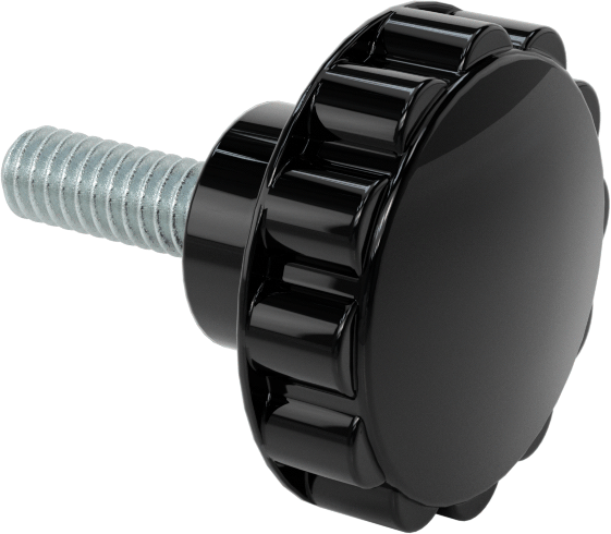 Siyah Fenolik Plastik Topuz, Yivli Tutamak, 1/4“-20 Diş x 3/4” Uzunlukta Saplama, 1-1/4" Çap