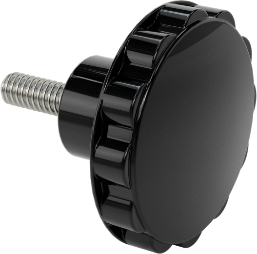 Siyah Fenolik Plastik Topuz, Yivli Tutamak, 1/4“-20 Diş x 3/4” Uzunlukta Saplama, 1-3/4" Çap
