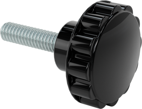Siyah Fenolik Plastik Topuz, Yivli Tutamak, 1/4“-20 Diş x 1” Uzunlukta Saplama, 1-1/4" Çap