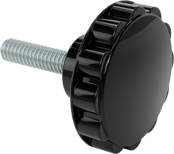 Siyah Fenolik Plastik Topuz, Yivli Tutamak, 1/4“-20 Diş x 1” Uzunlukta Saplama, 1-1/2" Çap