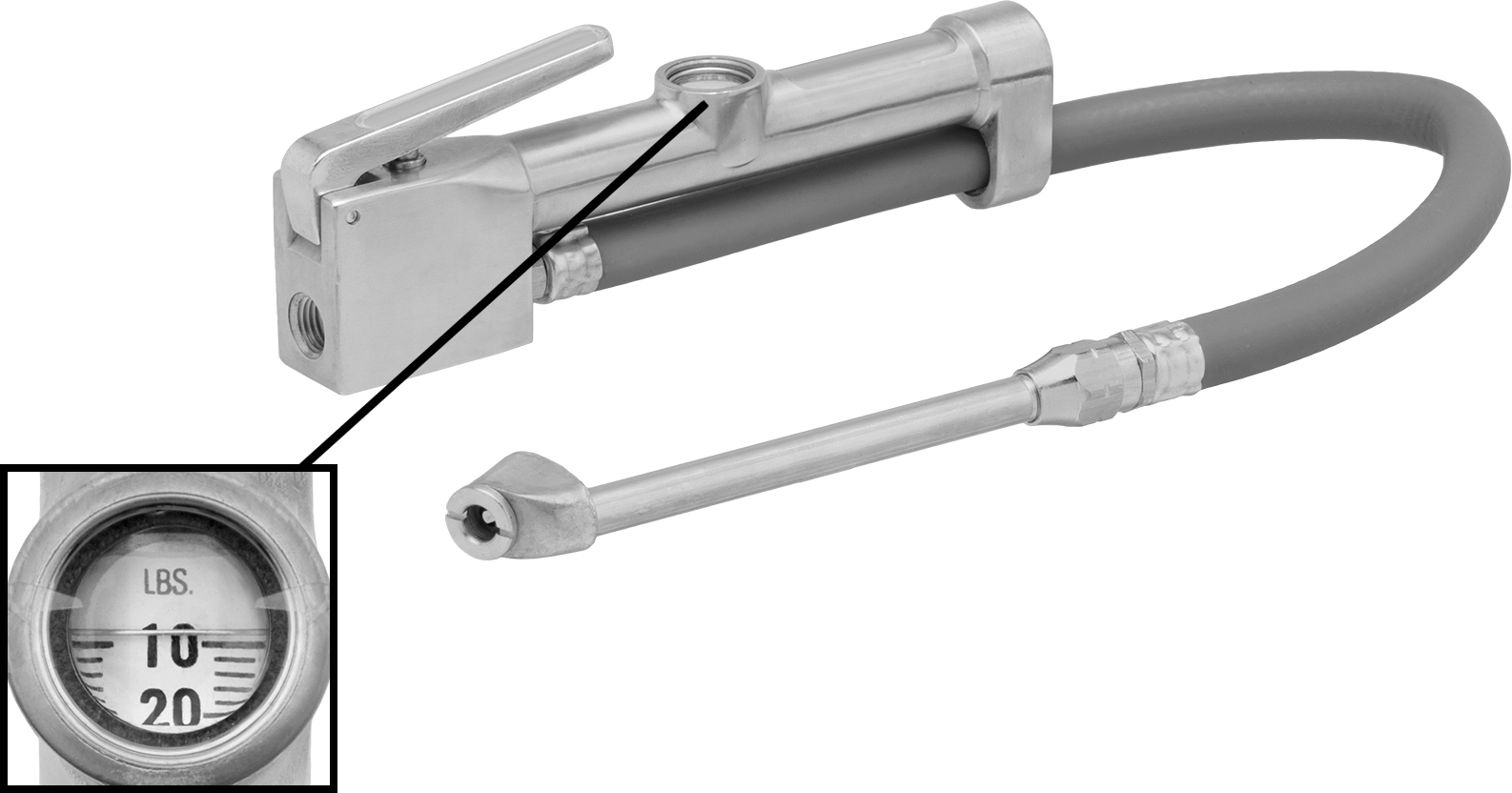 Lastik Basınç Ölçer, Büyütme Camı, 2 Açılı Başlık, 0.305"-32 Çıkış