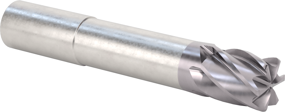 Hızlı Kesim Karbür Yuvarlak Kenarlı Kare Uçlu Freze, 6 Yiv, 0,95“ Çap x 2-7/8” Uzun Boyun, 0,09 inç Köşe Kesimi