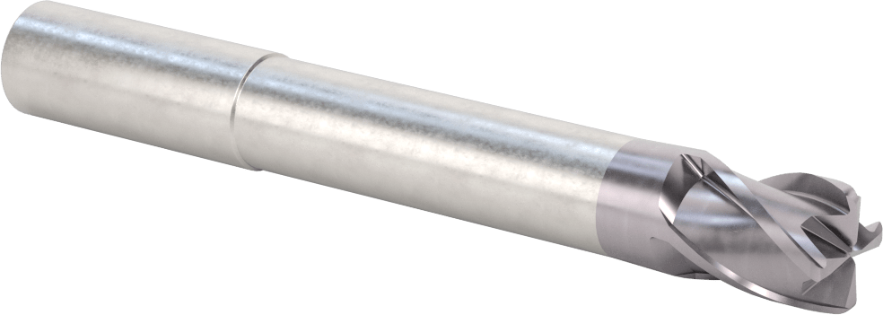 Hızlı Kesim Karbür Yuvarlak Kenarlı Kare Uçlu Freze, 4 Yiv, 0,712“ Çap x 3-1/8” Uzun Boyun, 0,09 inç Köşe Kesimi