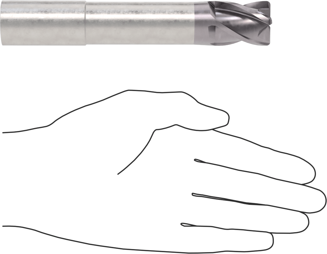Hızlı Kesim Karbür Yuvarlak Kenarlı Kare Uçlu Freze, 4 Yiv, 0,95“ Çap x 2-7/8” Uzun Boyun, 0,09 inç Köşe Kesimi