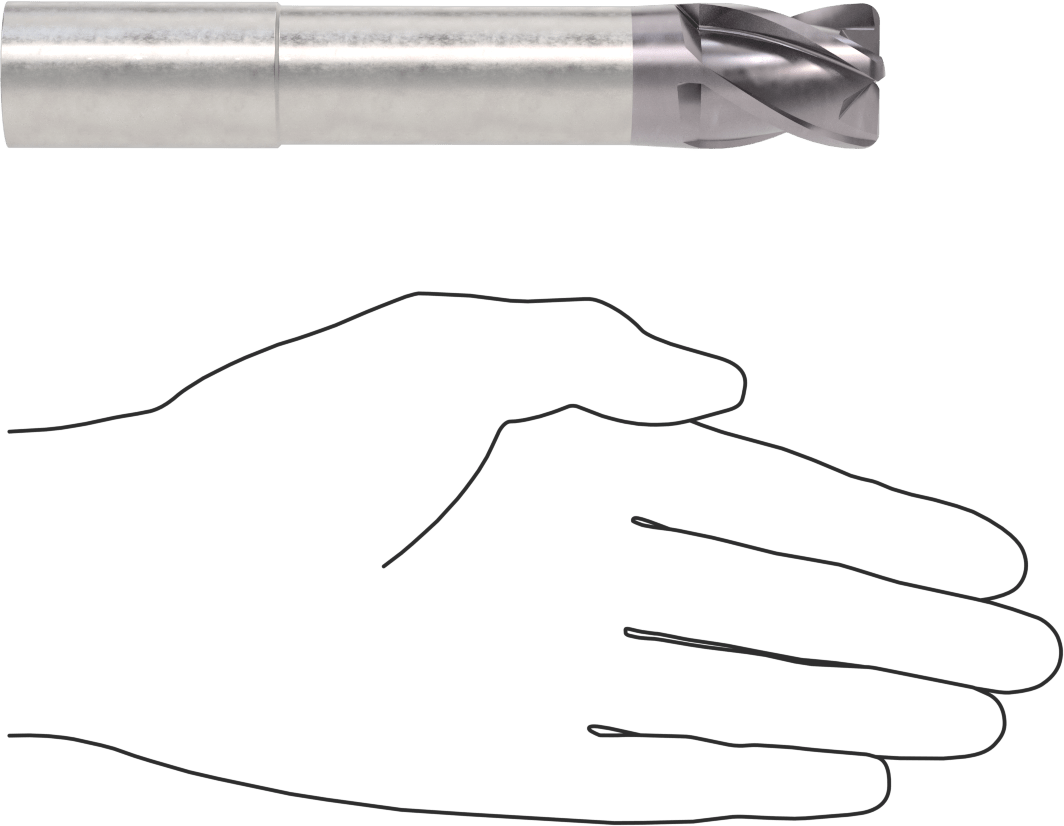 Hızlı Kesim Karbür Yuvarlak Kenarlı Kare Uçlu Freze, 4 Yiv, 0,95“ Çap x 2-7/8” Uzun Boyun, 0,125" Köşe Kesimi