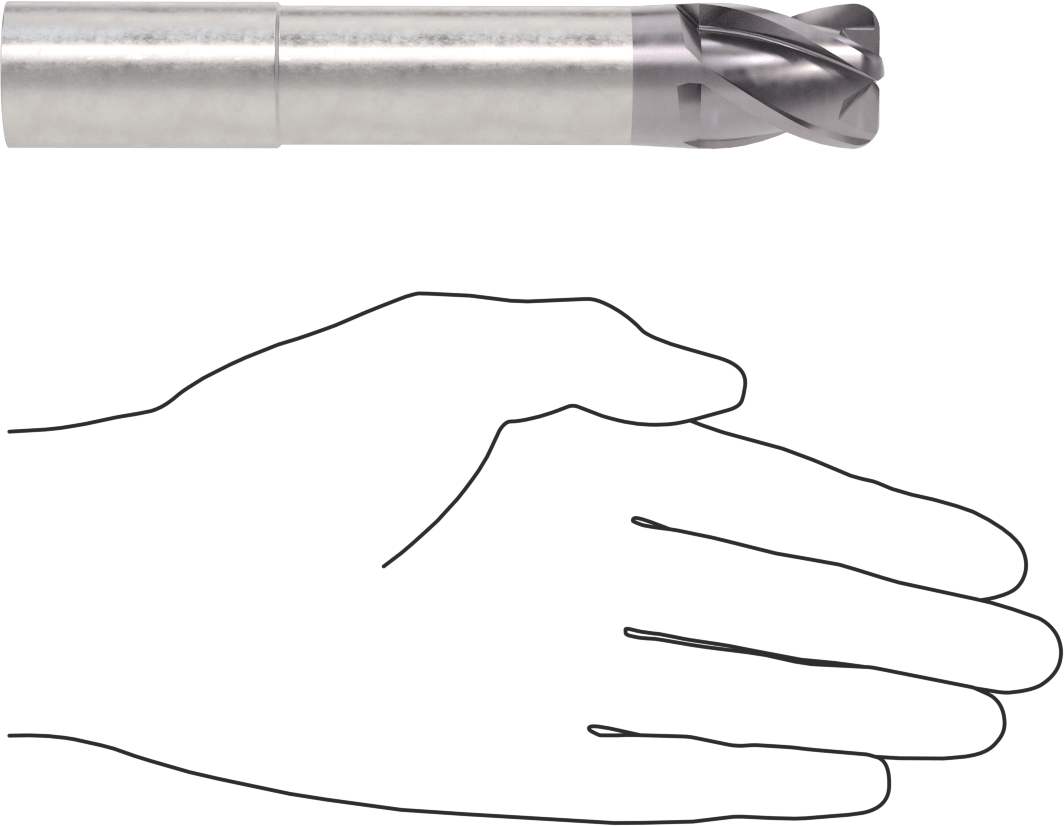 Hızlı Kesim Karbür Yuvarlak Kenarlı Kare Uçlu Freze, 4 Yiv, 0,95“ Çap x 2-7/8” Uzun Boyun, 0,19" Köşe Kesimi