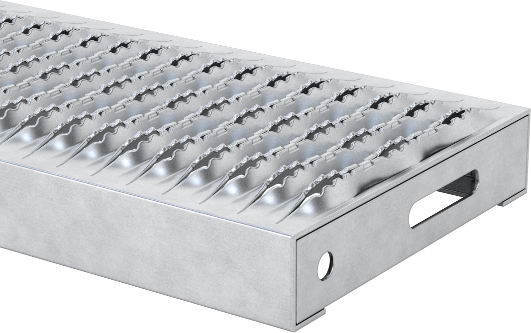 Tahta Izgaralı Merdiven Basamağı, Tırtıklı, Galvanizli Çelik, 36“ Genişlik x 7” Derinlik