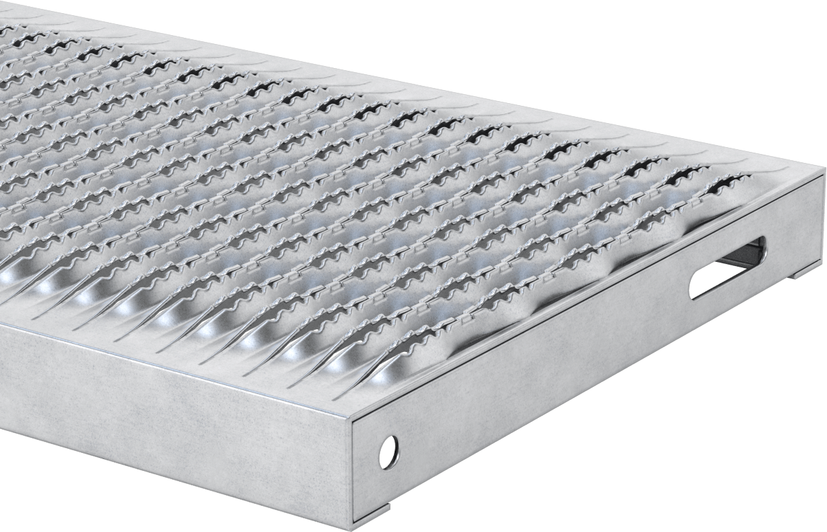 Tahta Izgaralı Merdiven Basamağı, Tırtıklı, Galvanizli Çelik, 36“ Genişlik x 11-3/4” Derinlik x 1-1/2" Yükseklik