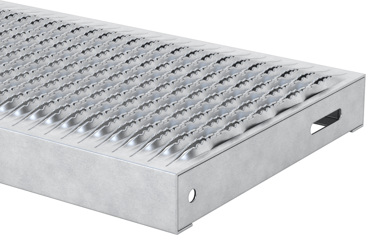 Tahta Izgaralı Merdiven Basamağı, Tırtıklı, Galvanizli Çelik, 48“ Genişlik x 11-3/4” Derinlik