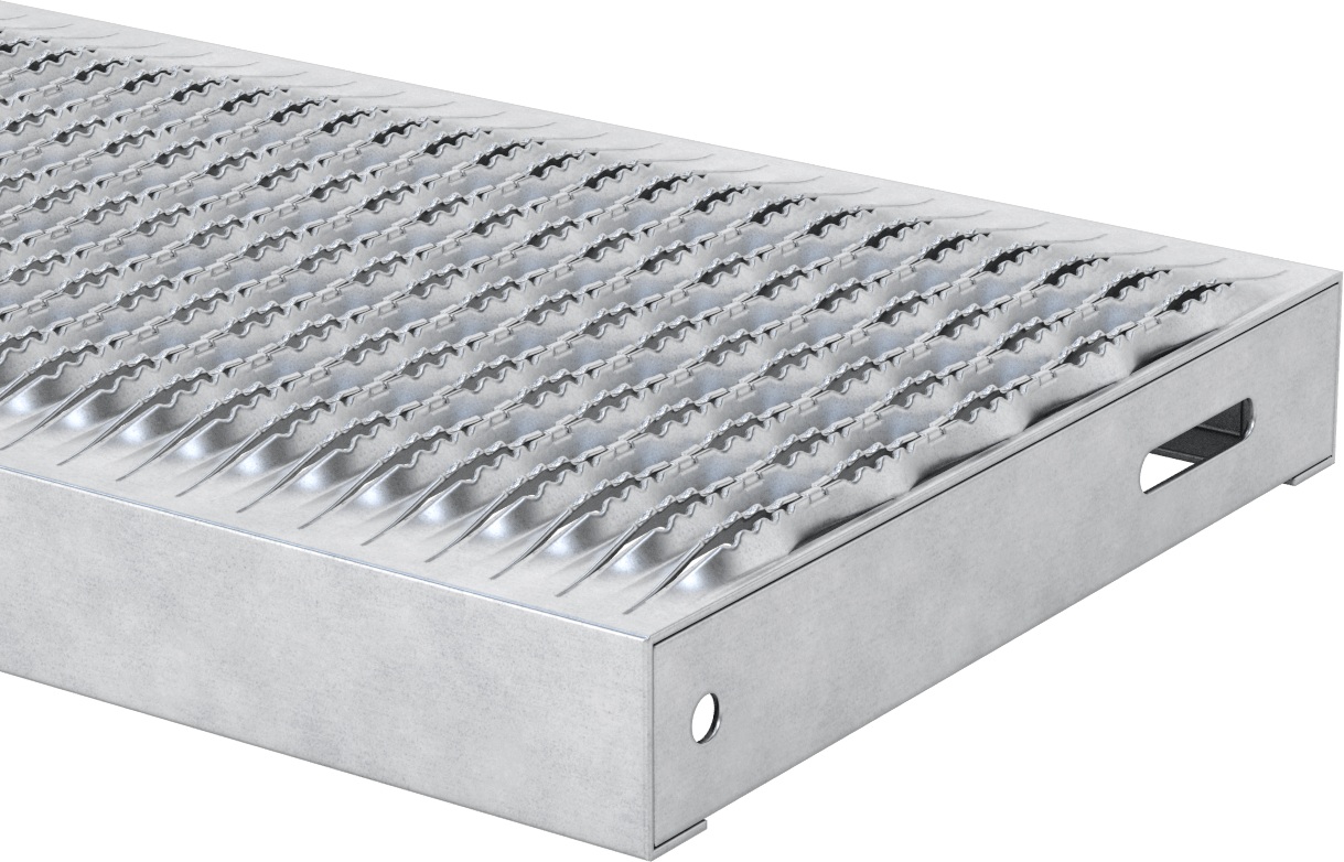 Tahta Izgaralı Merdiven Basamağı, Tırtıklı, Galvanizli Çelik, 36“ Genişlik x 11-3/4” Derinlik x 2" Yükseklik