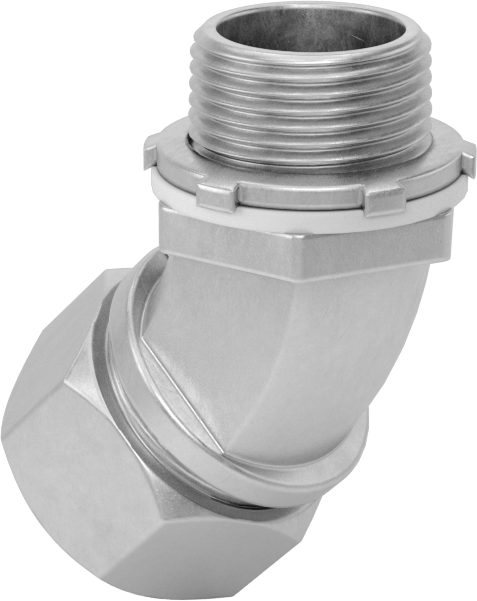 Sıvı Sızdırmaz Esnek Metal Kanal Adaptörü, Somunlu, Demir 45 Derece, 3/8 Anma Ölçüsü Dişi ve 1/2 NPT Erkek