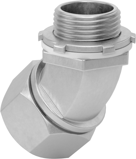 Sıvı Sızdırmaz Esnek Metal Kanal Adaptörü, Kilit Somunlu, Demir 45 Derece, 3/4 Anma Ölçüsü Dişi x NPT Erkek