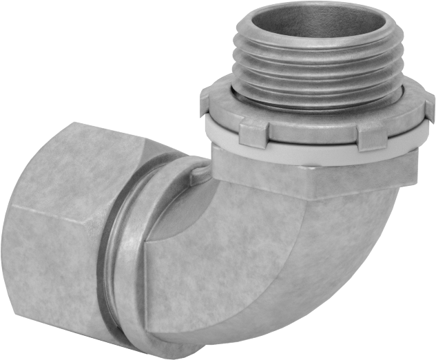 Sıvı Sızdırmaz Esnek Metal Kanal Adaptörü, Somunlu, 90 Derecelik Demir, 3/8 Anma Ölçüsü Dişi ve 1/2 NPT Erkek
