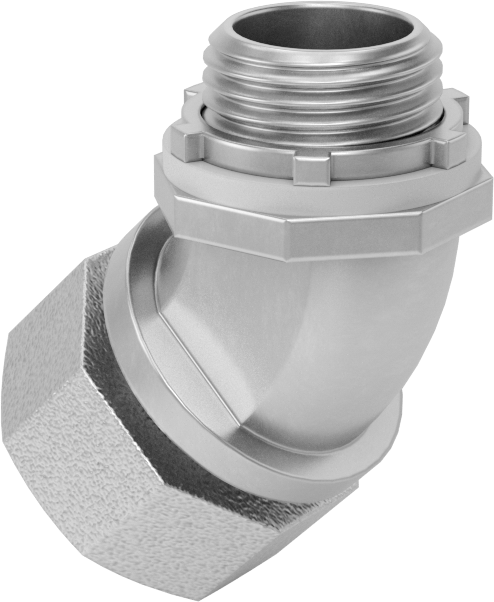 Sıvı Sızdırmaz Esnek Metal Kanal Adaptörü, Somunlu, Demir 45 Derece, 3/8 Anma Ölçüsü Dişi ve 1/2 NPT Erkek