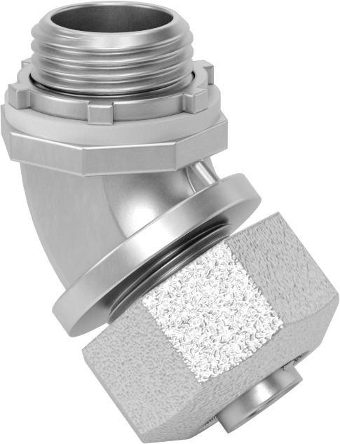 Sıvı Sızdırmaz Esnek Metal Kanal Adaptörü, Somunlu, Demir 45 Derece, 3/8 Anma Ölçüsü Dişi ve 1/2 NPT Erkek