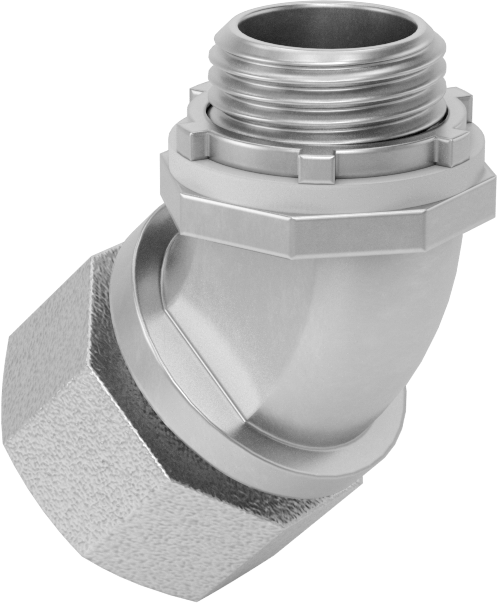 Sıvı Sızdırmaz Esnek Metal Kanal Adaptörü, Kilit Somunlu, Demir 45 Derece, 1/2 Anma Ölçüsü Dişi x NPT Erkek