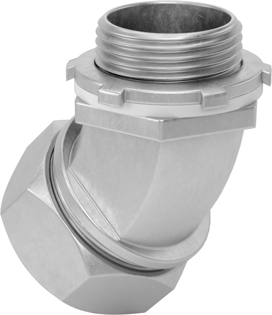 Sıvı Sızdırmaz Esnek Metal Kanal Adaptörü, Kilit Somunlu, Demir 45 Derece, 1 Standart Boyut Dişi x 1 NPT Erkek