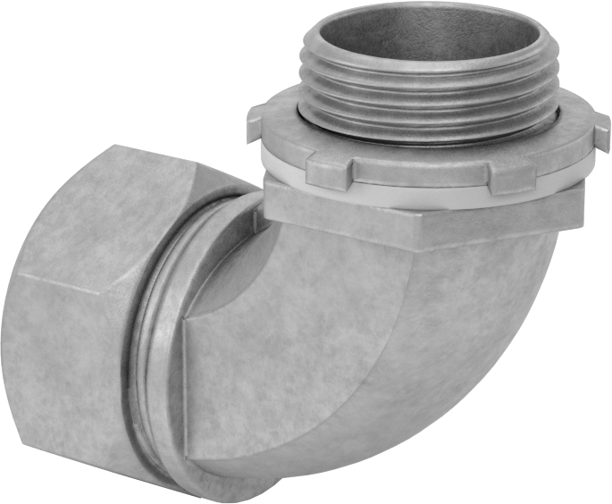 Sıvı Sızdırmaz Esnek Metal Kanal Adaptörü, Kilit Somunlu, 90 Derecelik Demir, 1 Standart Boyut Dişi x 1 NPT Erkek