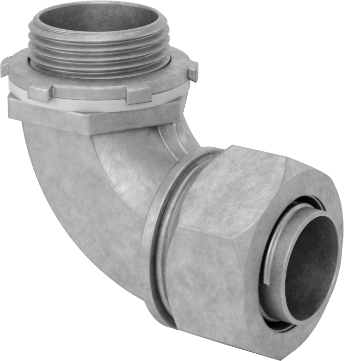 Sıvı Sızdırmaz Esnek Metal Kanal Adaptörü, Kilit Somunlu, 90 Derecelik Demir, 1 Standart Boyut Dişi x 1 NPT Erkek