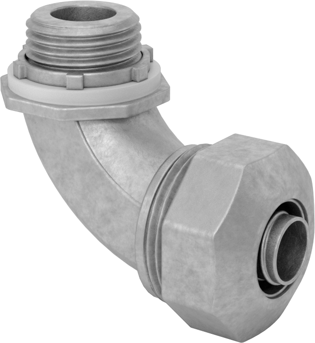 Sıvı Sızdırmaz Esnek Metal Kanal Adaptörü, Somunlu, Çinko 90 Derece, 3/8 Anma Ölçüsü Dişi ve 1/2 NPT Erkek