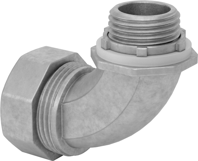 Sıvı Sızdırmaz Esnek Metal Kanal Adaptörü, Kilit Somunlu, Çinko 90 Derece, 1/2 Anma Ölçüsü Dişi x NPT Erkek