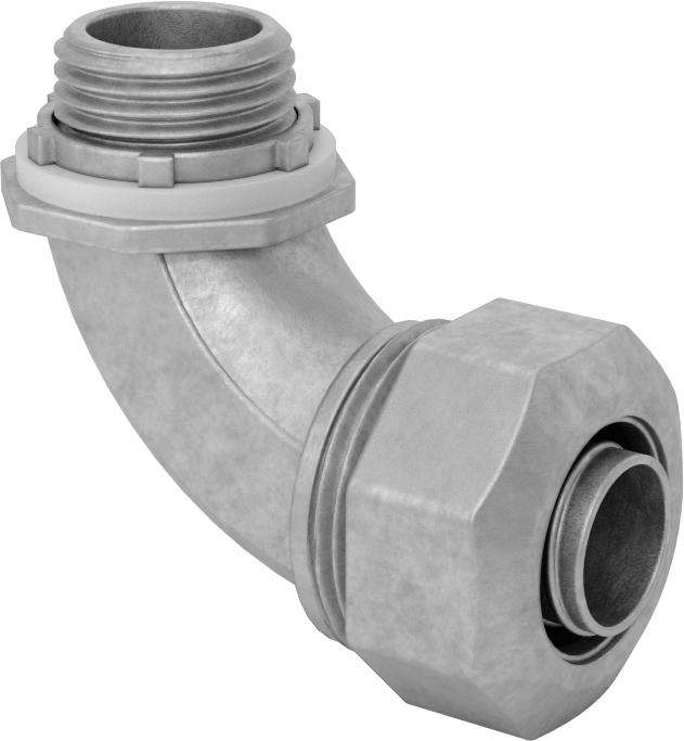 Sıvı Sızdırmaz Esnek Metal Kanal Adaptörü, Kilit Somunlu, Çinko 90 Derece, 1/2 Anma Ölçüsü Dişi x NPT Erkek