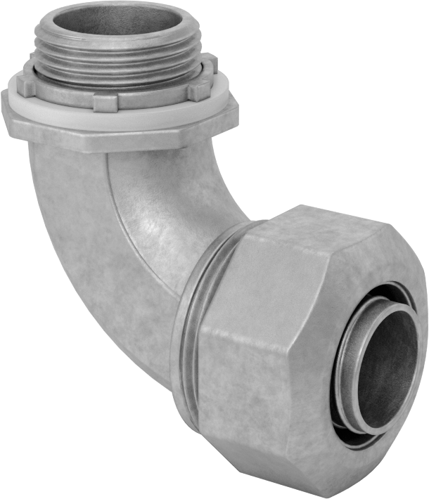 Sıvı Sızdırmaz Esnek Metal Kanal Adaptörü, Kilit Somunlu, Çinko 90 Derece, 3/4 Anma Ölçüsü Dişi x NPT Erkek