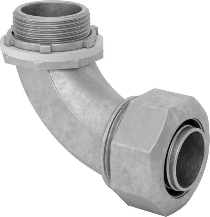 Sıvı Sızdırmaz Esnek Metal Kanal Adaptörü, Kilit Somunlu, Çinko 90 Derece, 1 Standart Boyut Dişi x 1 NPT Erkek