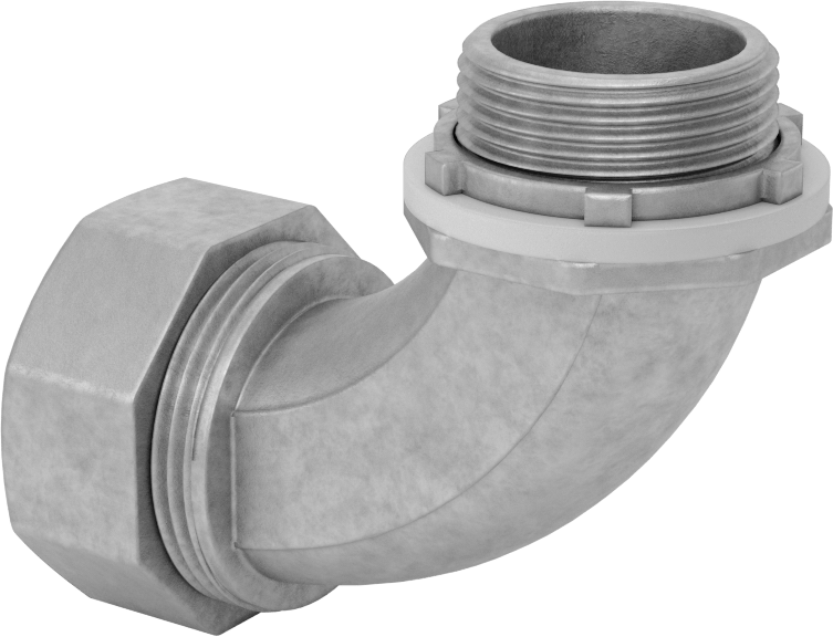 Sıvı Sızdırmaz Esnek Metal Kanal Adaptörü, Kilit Somunlu, Çinko 90 Derece, 1 Standart Boyut Dişi x 1 NPT Erkek