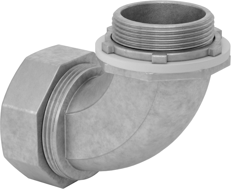 Sıvı Sızdırmaz Esnek Metal Kanal Adaptörü, Kilit Somunlu, Çinko 90 Derece, 1-1/4 Anma Ölçüsü Dişi ve NPT Erkek
