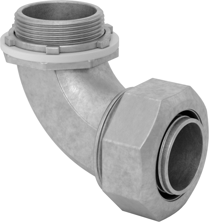 Sıvı Sızdırmaz Esnek Metal Kanal Adaptörü, Kilit Somunlu, Çinko 90 Derece, 1-1/4 Anma Ölçüsü Dişi ve NPT Erkek