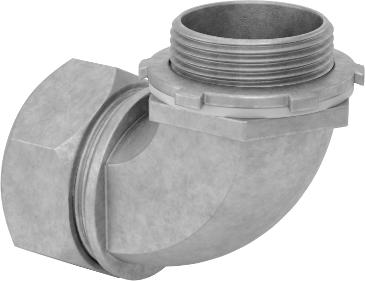 Sıvı Sızdırmaz Esnek Metal Kanal Adaptörü, Kilit Somunlu, 90 Derecelik Demir, 1-1/4 Anma Ölçüsü Dişi ve NPT Erkek