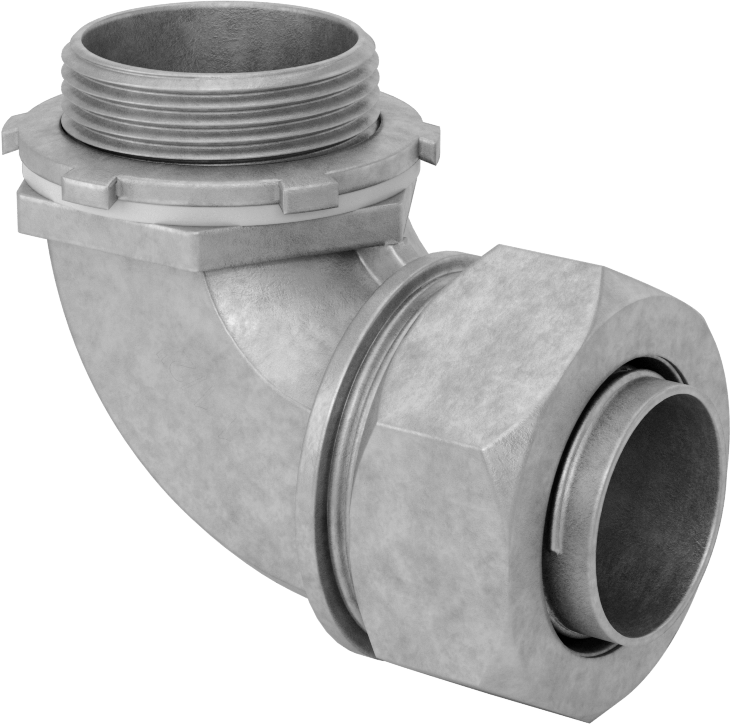Sıvı Sızdırmaz Esnek Metal Kanal Adaptörü, Kilit Somunlu, 90 Derecelik Demir, 1-1/4 Anma Ölçüsü Dişi ve NPT Erkek