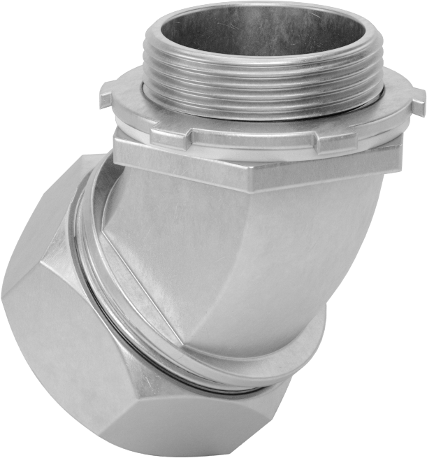 Sıvı Sızdırmaz Esnek Metal Kanal Adaptörü, Kilit Somunlu, Demir 45 Derece, 1-1/2 Anma Ölçüsü Dişi ve NPT Erkek
