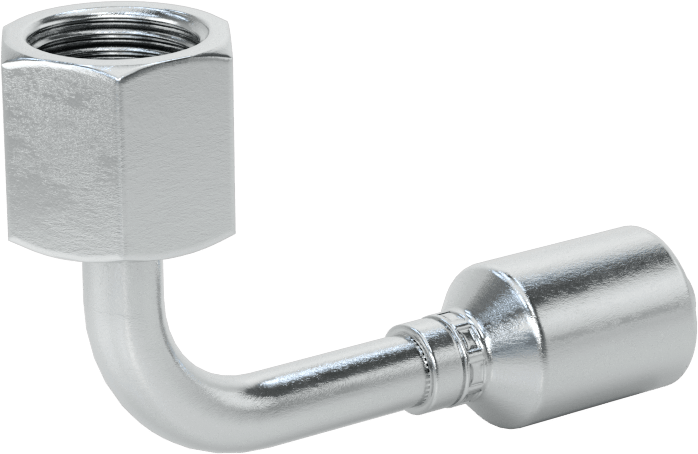 Hidrolik Sıvı için Sıkma Tipi Hortum Adaptörü, 90 Derece, Parker 43 Serisi, 1/4“ Hortum İç Çapı x 9/16”-18 Dişi