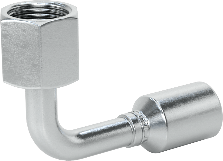 Hidrolik Sıvı için Sıkma Tipi Hortum Adaptörü, 90 Derece, Parker 43 Serisi, 3/8“ Hortum İç Çapı x 3/4”-16 Dişi