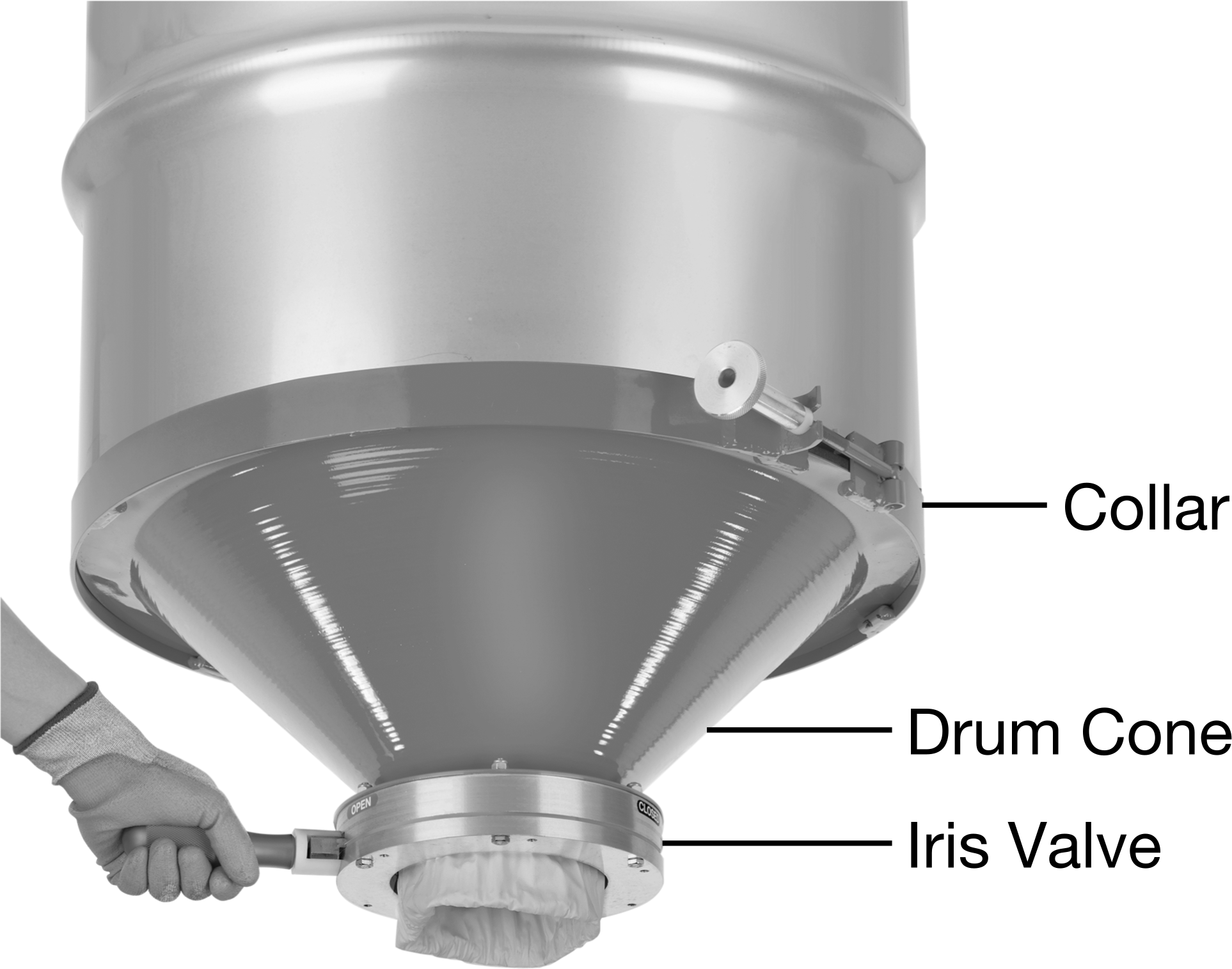 Drum Cone Shown Installed with Collar and Iris Valve