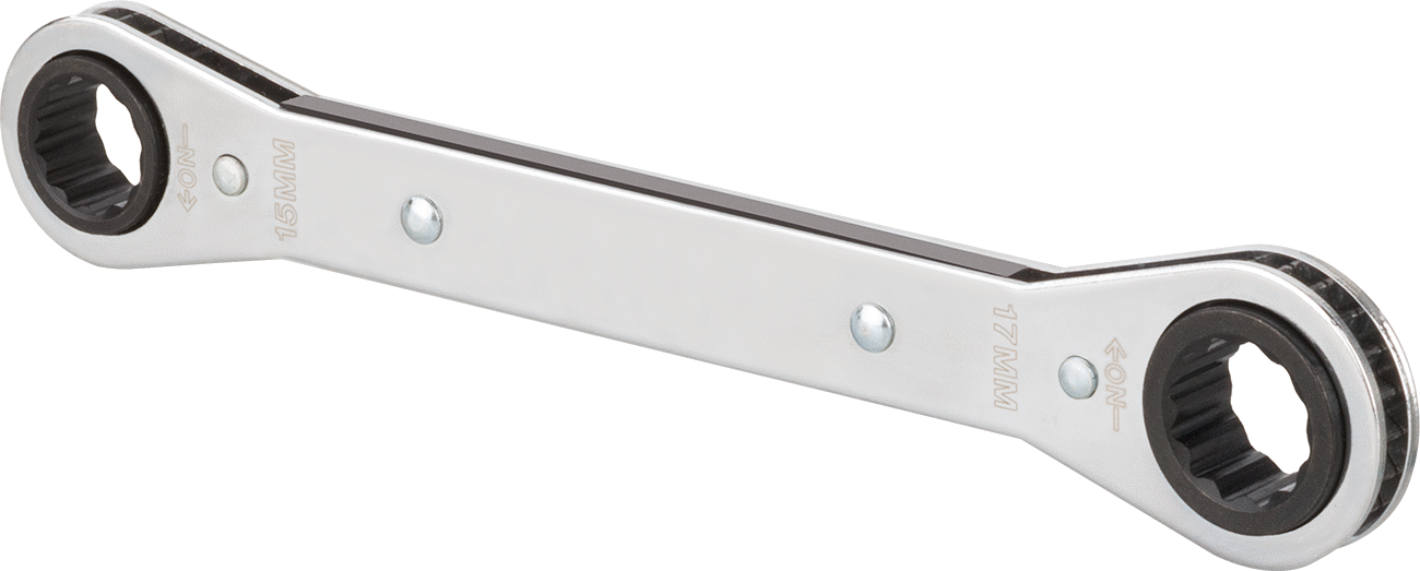 İki Başlı Cırcırlı Kutu Anahtarı, 12 Noktalı Açıklıklı, 15 mm x 17 mm Boyut, 8-1/8" Uzunluk