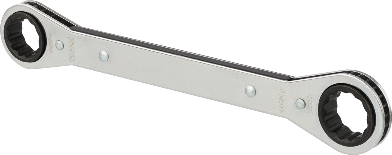 İki Başlı Cırcırlı Kutu Anahtarı, 12 Noktalı Açıklıklı, 19 mm x 21 mm Boyut, 9-1/4" Uzunluk