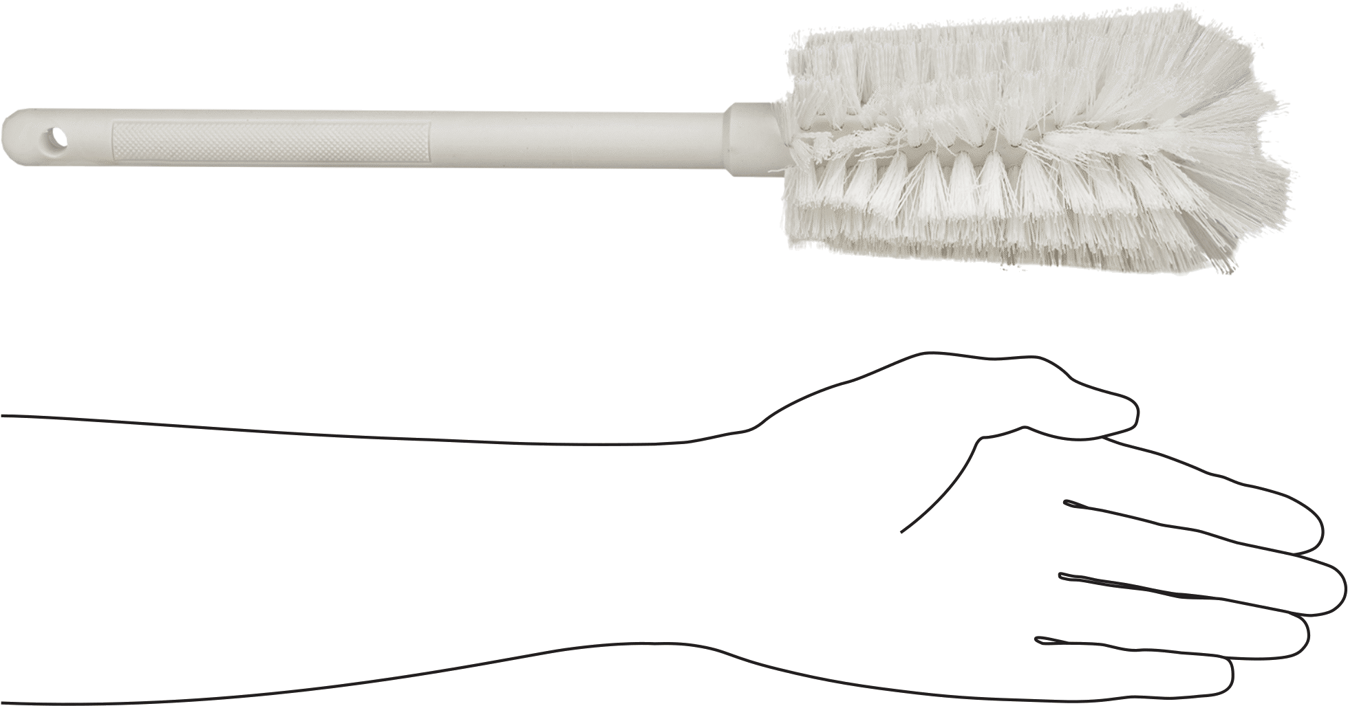 Kimyasal ve Sıcaklığa Dayanıklı Şişe Fırçası, 2-3/4“-3-1/4” Çap x 6-1/2" Uzunluk Fırça, 16" Toplam Uzunluk, Beyaz