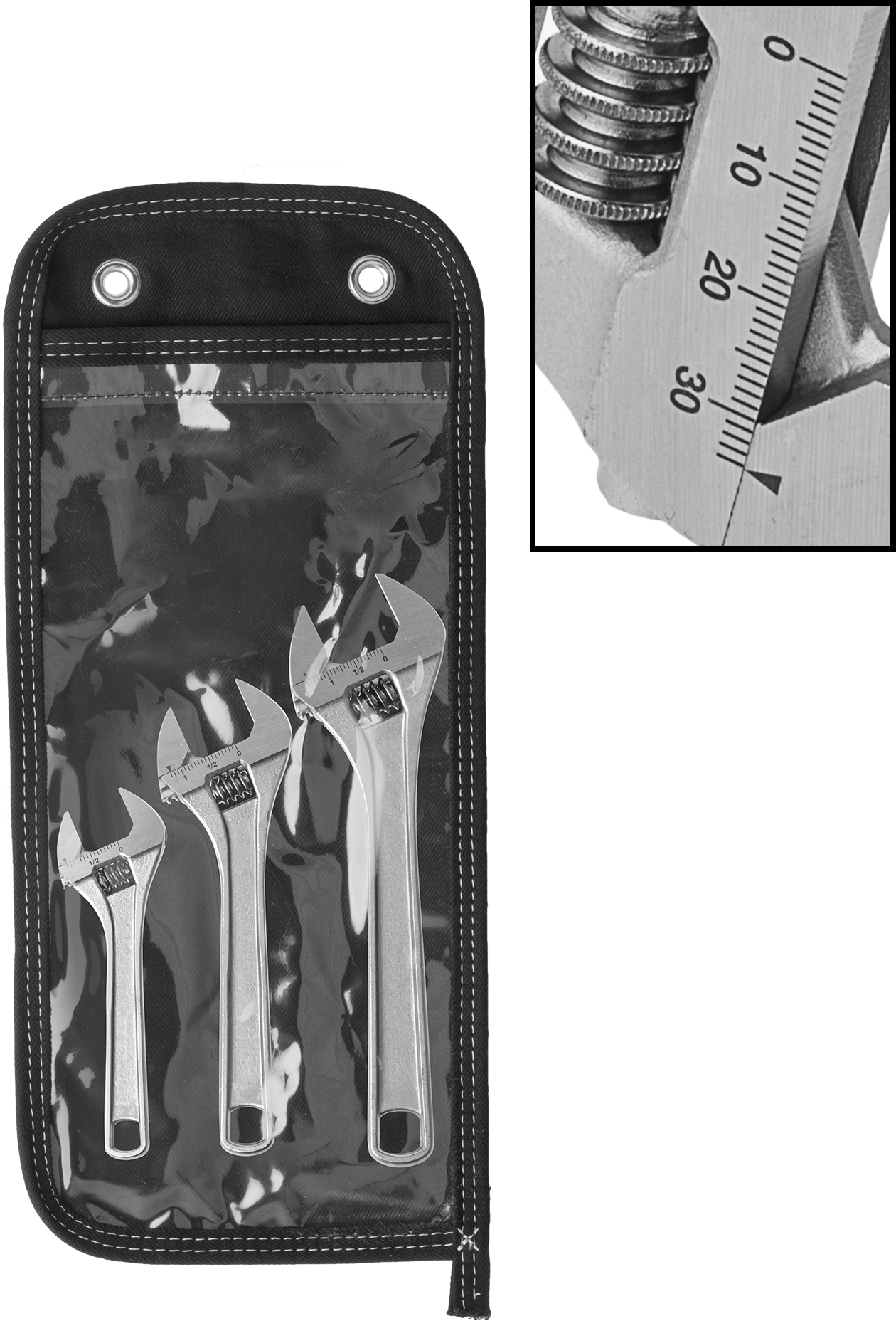Krom Kaplı Çelik Ayarlanabilir Anahtar, 3 Parça Set, 1-3/8" Maksimum Çene Kapasitesi