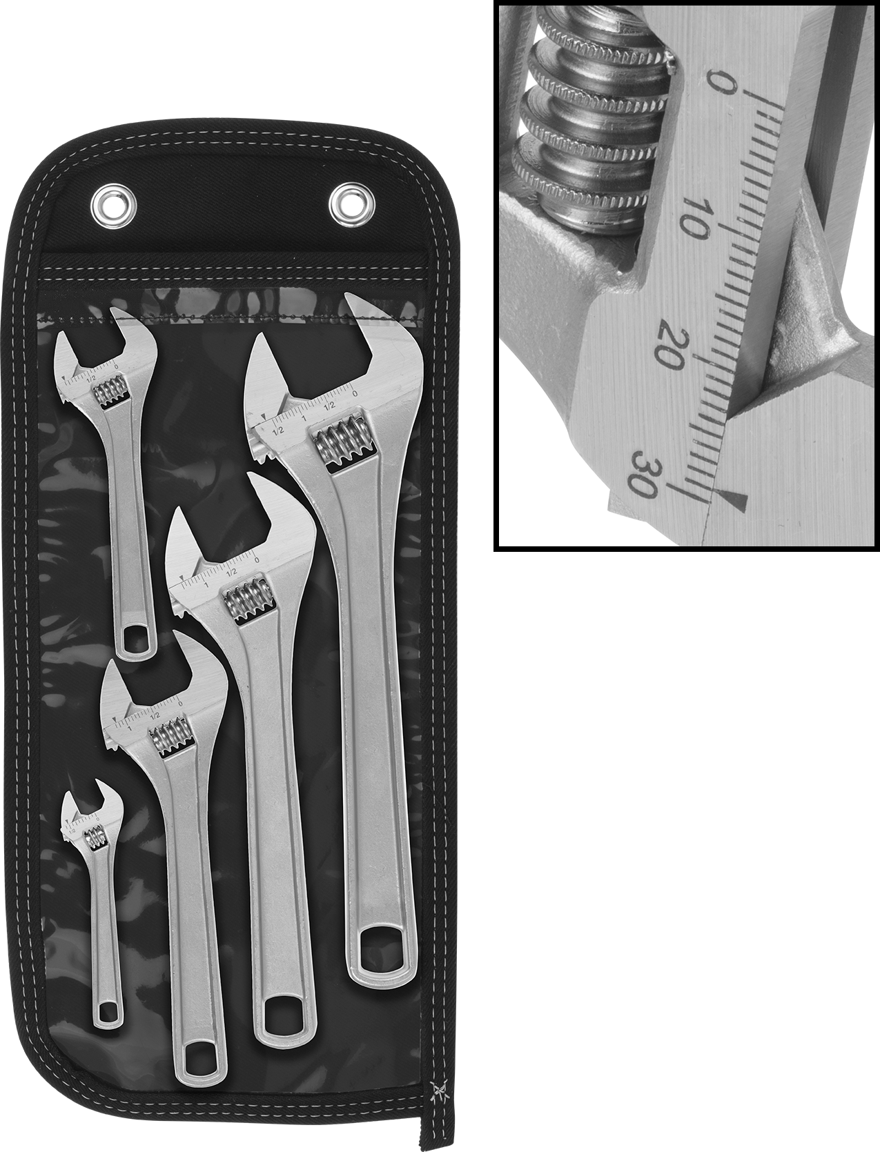 Krom Kaplı Çelik Ayarlanabilir Anahtar, 5 Parça Set, 1-1/2" Maksimum Çene Kapasitesi