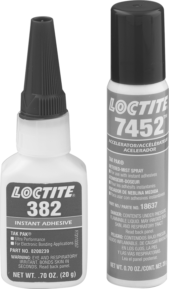 Elektronik Cihazlar için Yalıtım Yapıştırıcısı, Siyanoakrilat, Loctite® 382 ve Hızlandırıcı, 0,7 fl. oz.