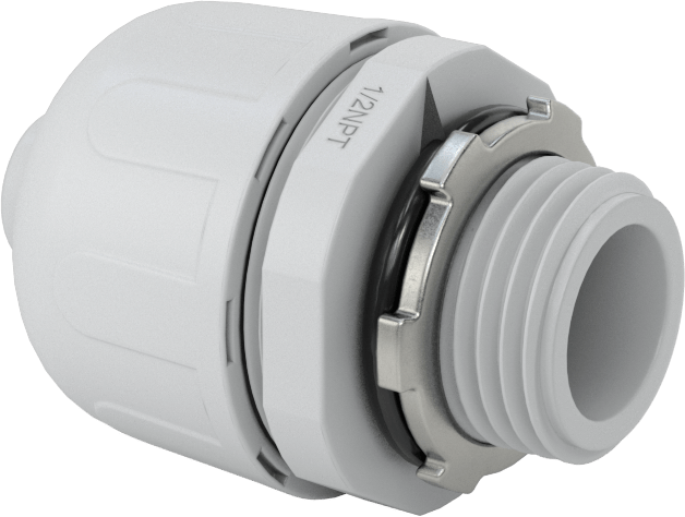 Sıvı Geçirmez Esnek Plastik Kanal Adaptörü, Düz, 3/8 Push-In Dişi x 1/2 NPT Erkek, Gri