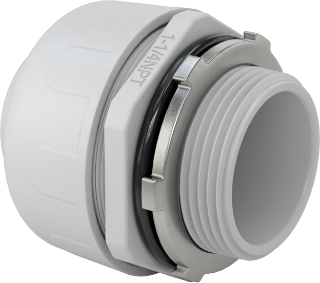 Sıvı Geçirmez Esnek Plastik Kanal Adaptörü, Düz, 1-1/4 Push-In Dişi x 1-1/4 NPT Erkek, Gri
