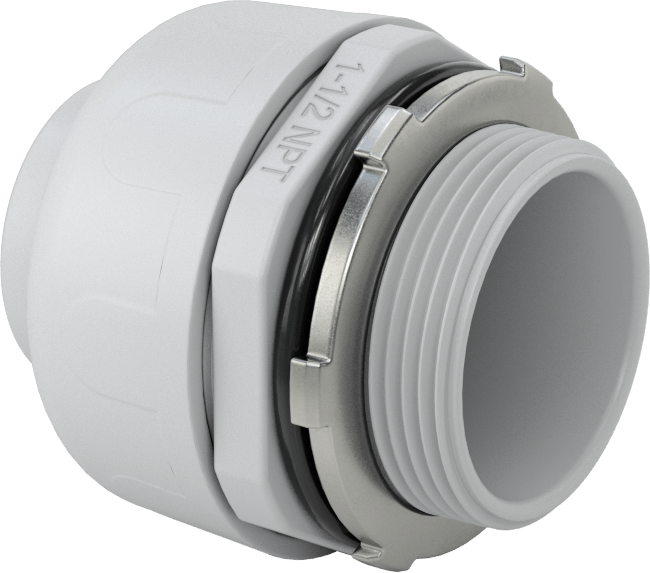 Sıvı Geçirmez Esnek Plastik Kanal Adaptörü, Düz, 1-1/2 Push-In Dişi x 1-1/2 NPT Erkek, Gri