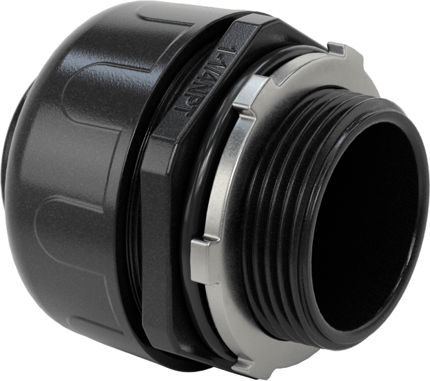 Sıvı Geçirmez Esnek Plastik Kanal Adaptörü, Düz, 1-1/4 Push-In Dişi x 1-1/4 NPT Erkek, Siyah